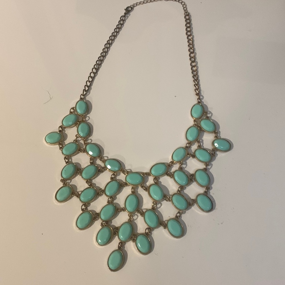 Gold tone aqua blue mint green Acrylic Charm Statement Necklace Adjustable Bib